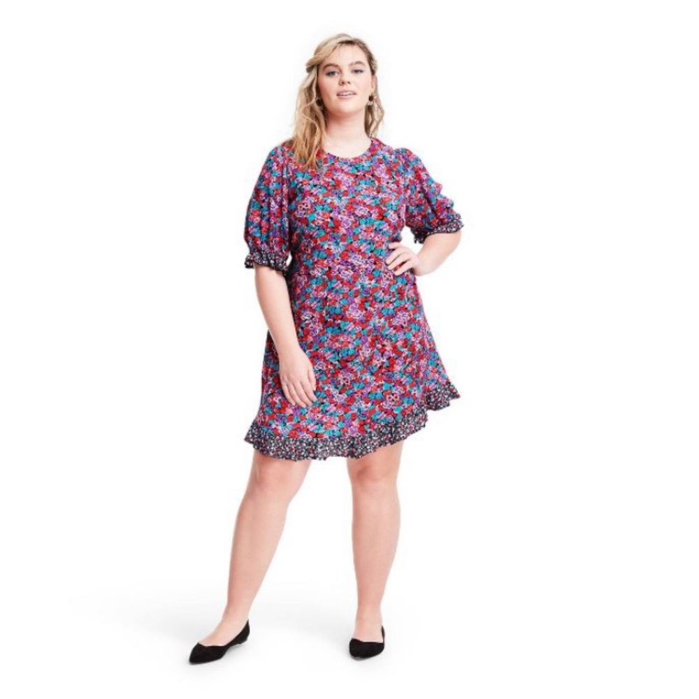 RIXO Mixed Floral Puff Sleeve Dress